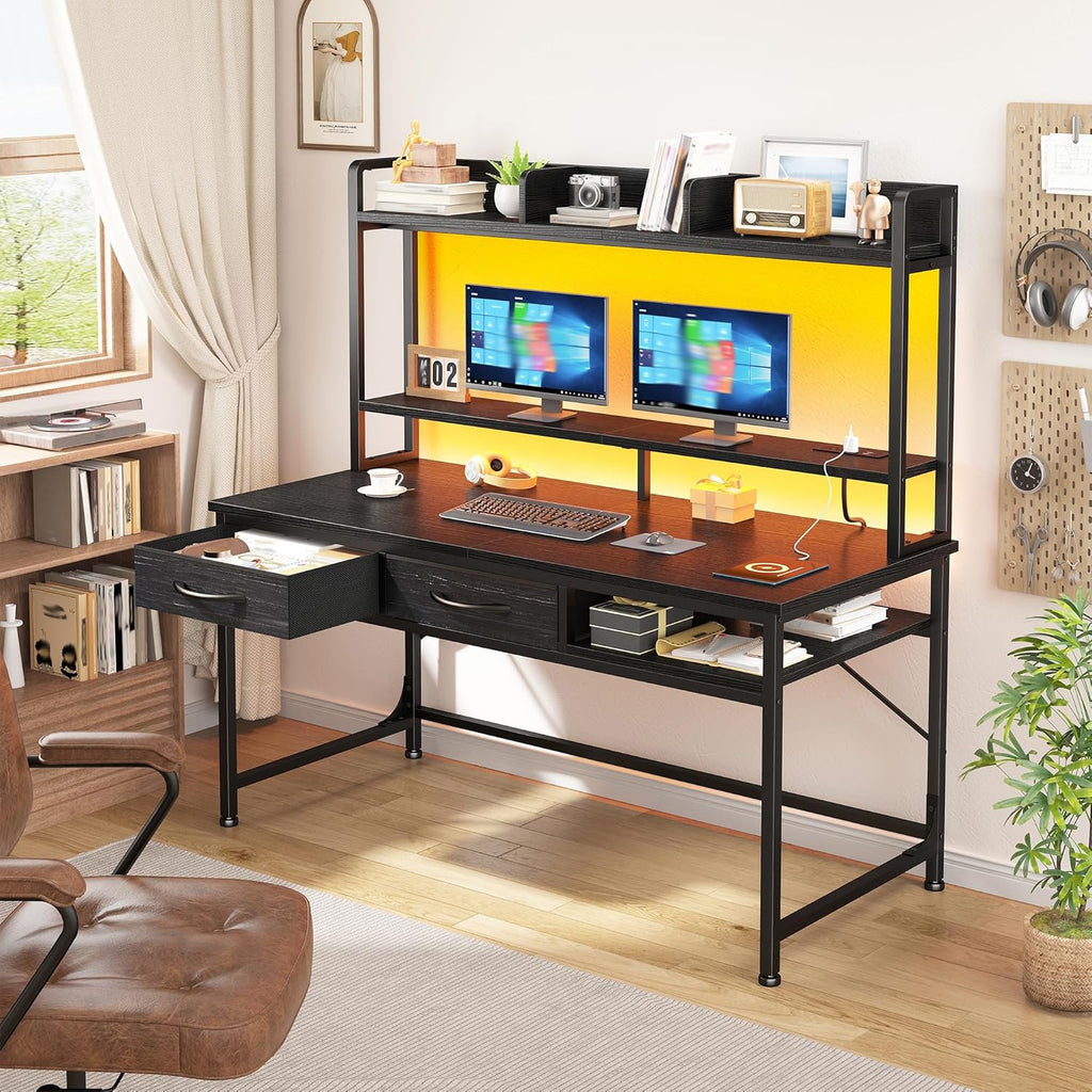 DurayLoly 39.4" Computer Desk with Hutch & Monitor Stand,Gaming Desk with Shelves & Drawers, Writing Desk with LED &Power Outlet,Office Desk,Study Desk for Bedroom Home Office,Small Space,Black