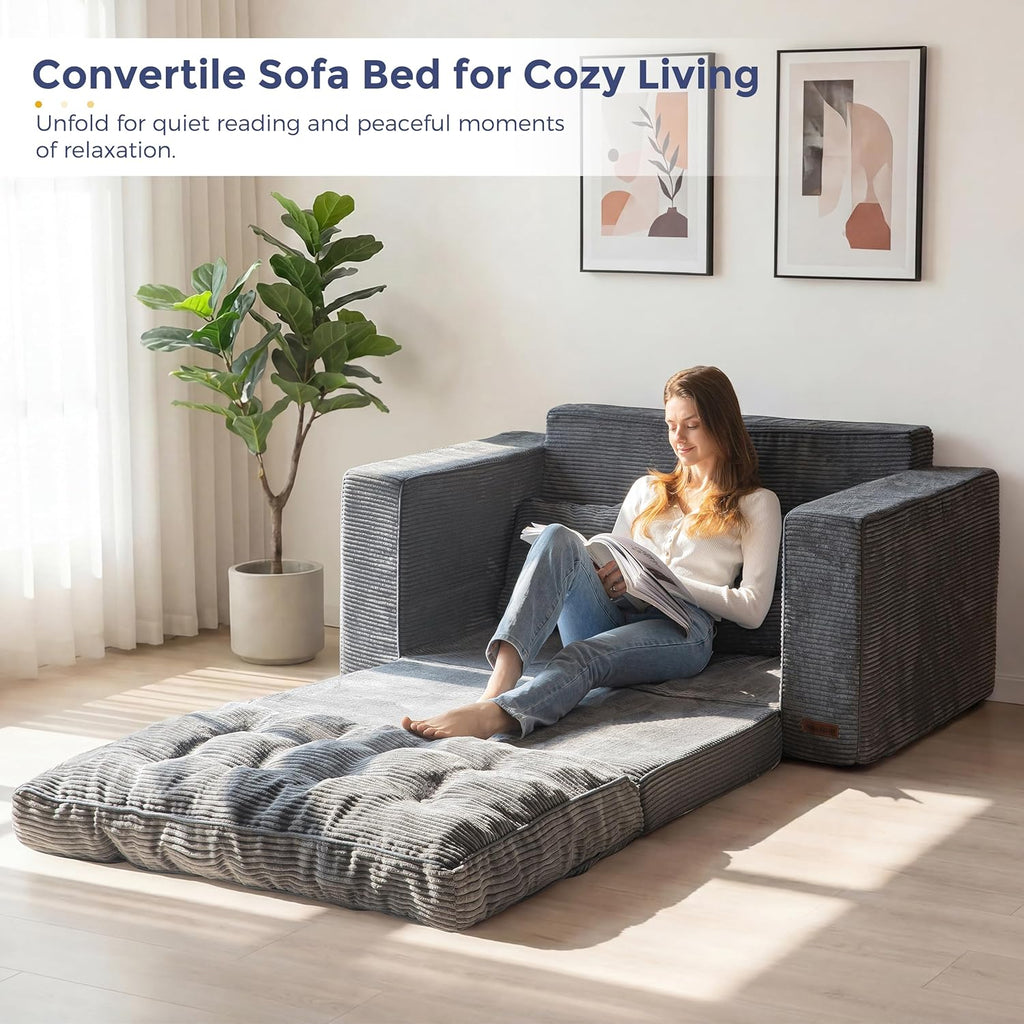 MAXYOYO Convertible Sofa Bed, Loveseat Sofa Couch for Adults, 2 in 1 Folding Couch Bed, Fold Out Floor Couch for Living Room Bedroom Lounge, Dark Grey