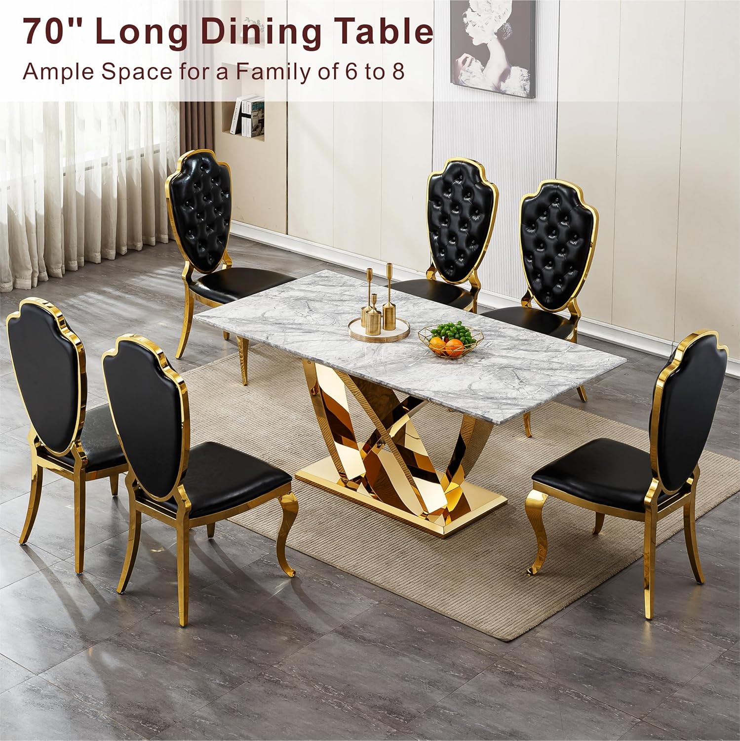 Modern Dining Table 70" Rectangular Kitchen Table with Imitation Marble Grain MDF Wooden Top & Iniregular Gold Base,Faux Marble Dinner Furniture for Kitchen Dining Room/Meeting Room