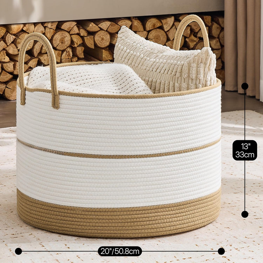 KAKAMAY Cotton Rope Storage Basket (20"x13"),Woven Blanket Baskets for Toys,Pillows,Clothes,Sturdy Handles Decorative Basket for Living Room, Bedroom,Nursery(Brown/Black)