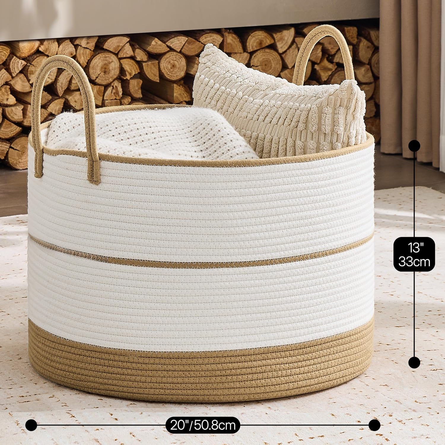 KAKAMAY Cotton Rope Storage Basket (20"x13"),Woven Blanket Baskets for Toys,Pillows,Clothes,Sturdy Handles Decorative Basket for Living Room, Bedroom,Nursery(Brown/Black)