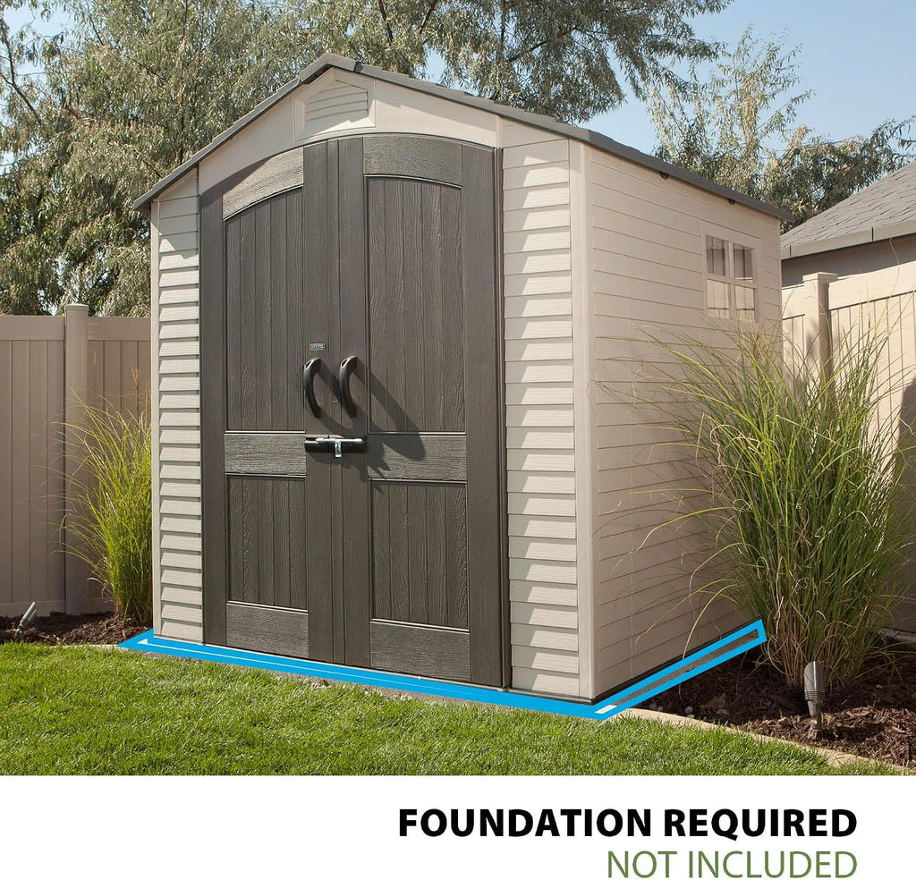 Lifetime 7' x 7' Outdoor Storage Shed with High-Density Polyethylene, Steel-Reinforced, Desert Sand