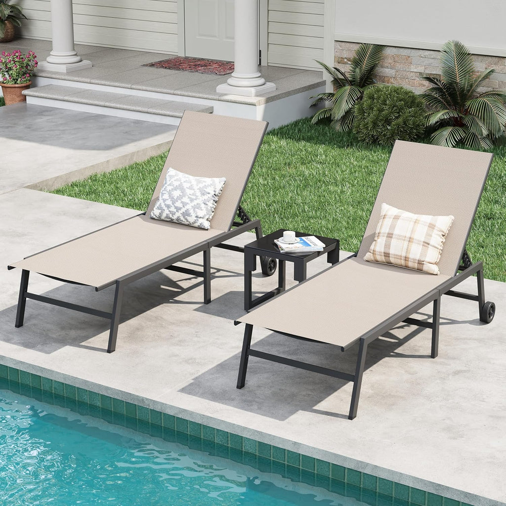 Amopatio Patio Lounge Chairs with Wheels 2 Outdoor Chaise Lounges and 1 Side Table for Poolside Adjustable Lounge Chair with Heavy-Duty Steel Frame for Backyard Poolside,400 LBS Capacity, Khaki