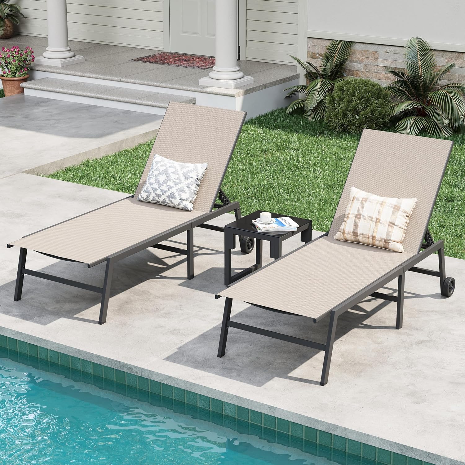 Amopatio Patio Lounge Chairs with Wheels 2 Outdoor Chaise Lounges and 1 Side Table for Poolside Adjustable Lounge Chair with Heavy-Duty Steel Frame for Backyard Poolside,400 LBS Capacity, Khaki