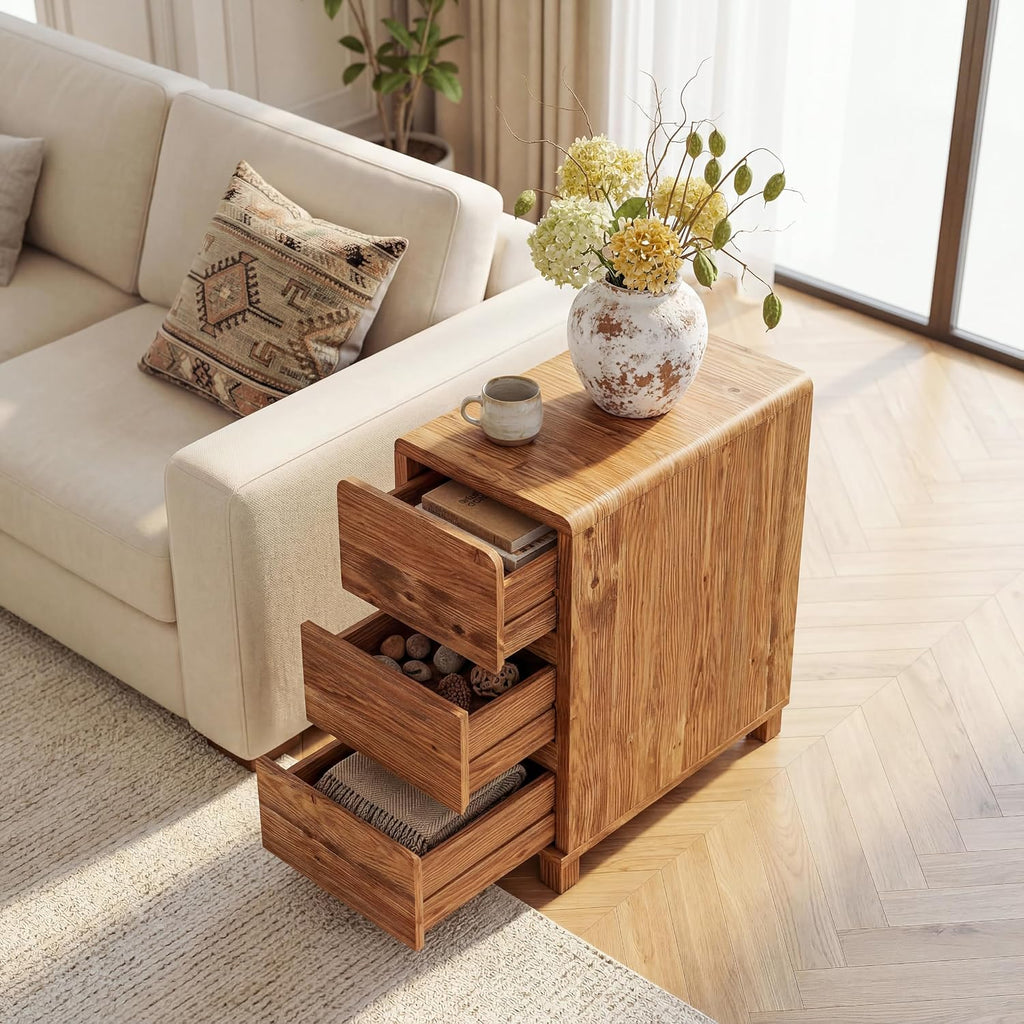 Set of 2 3 Drawers Solid Wood Side End Table for Living Room, Rustic Farmhouse Narrow Sofa Tables with Storage for Small Space, Bed Side Tables Bedroom