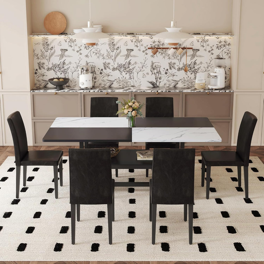 71" Dinner Table Set for 6, Modern Dining Table Set for 6, Black and White Splicing Tabletop with Storage Shelf, White Faux Marble Dining Table and 6 Black Upholstered Chairs for Kitchen, Dining Room
