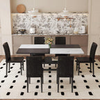 71" Dinner Table Set for 6, Modern Dining Table Set for 6, Black and White Splicing Tabletop with Storage Shelf, White Faux Marble Dining Table and 6 Black Upholstered Chairs for Kitchen, Dining Room