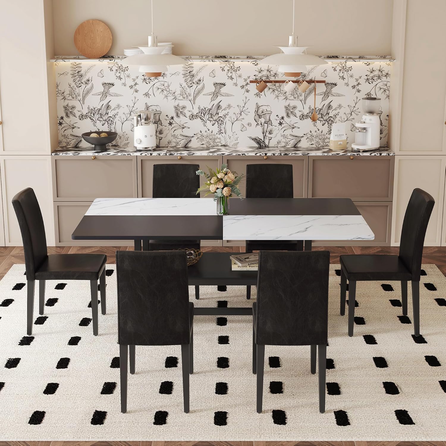 71" Dinner Table Set for 6, Modern Dining Table Set for 6, Black and White Splicing Tabletop with Storage Shelf, White Faux Marble Dining Table and 6 Black Upholstered Chairs for Kitchen, Dining Room