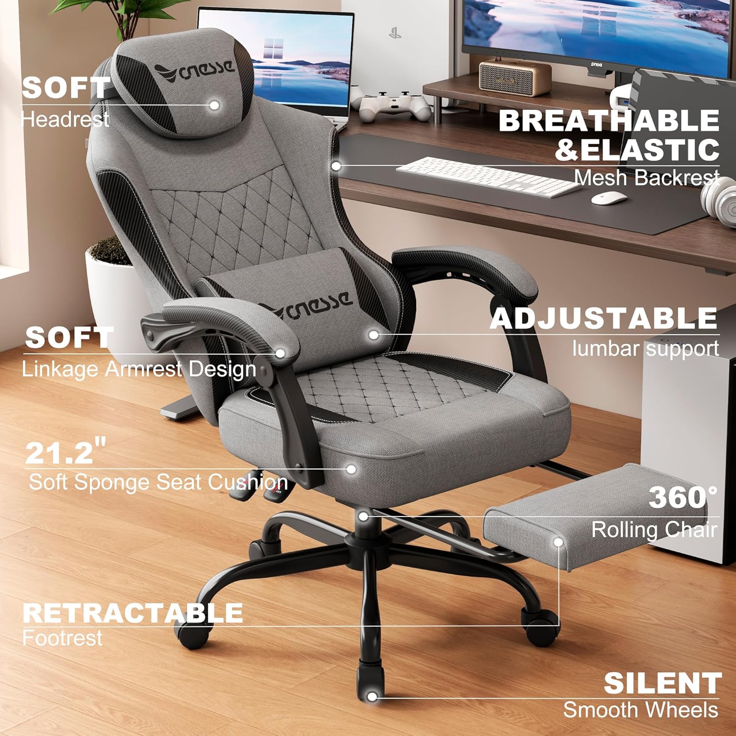 Vonesse Gaming Chair, Office Chair with Linen Breathable Mesh Fabric, Desk Chair with Adjustable Lumbar Support, Executive Computer Chairs with Footrest and Headrest (Gray)
