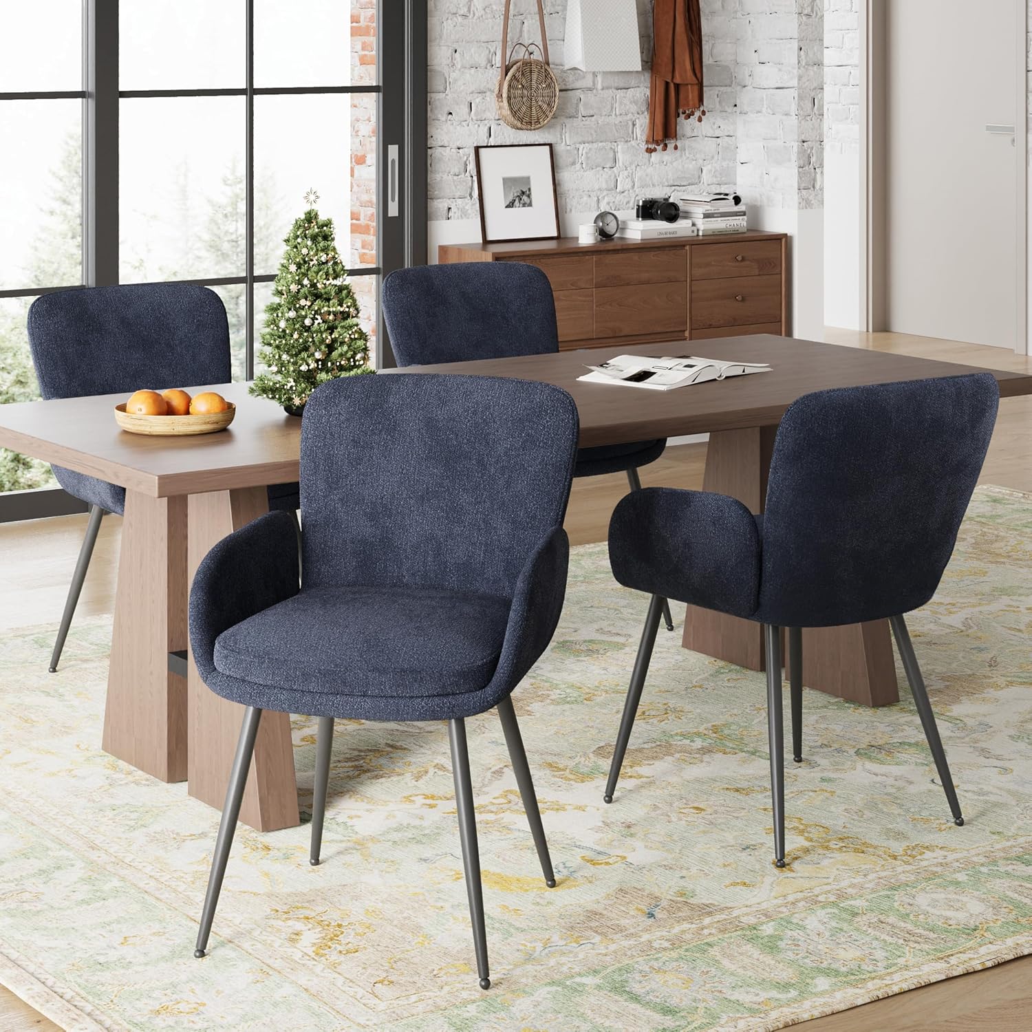 VKNOW Modern Dining Chairs Set of 4, Upholstered Dining Room Chair with Armrest, Kitchen Chairs with Curved Ergonomics Backrest for Living Room, Dining Room, Kitchen, Navy Blue