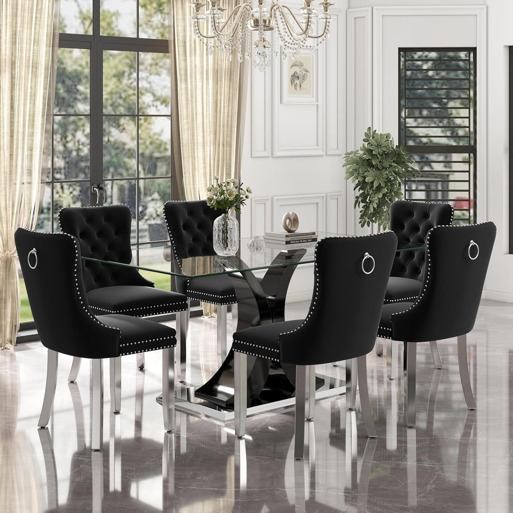 Modern Luxury Glass Dining Table for 4-6, 63'' Clear Minimalist Glass Top Kitchen Table, Large Apartment Rectangle Dinner Room Table with Black MDF & Silver Stainless Steel Base, for Home