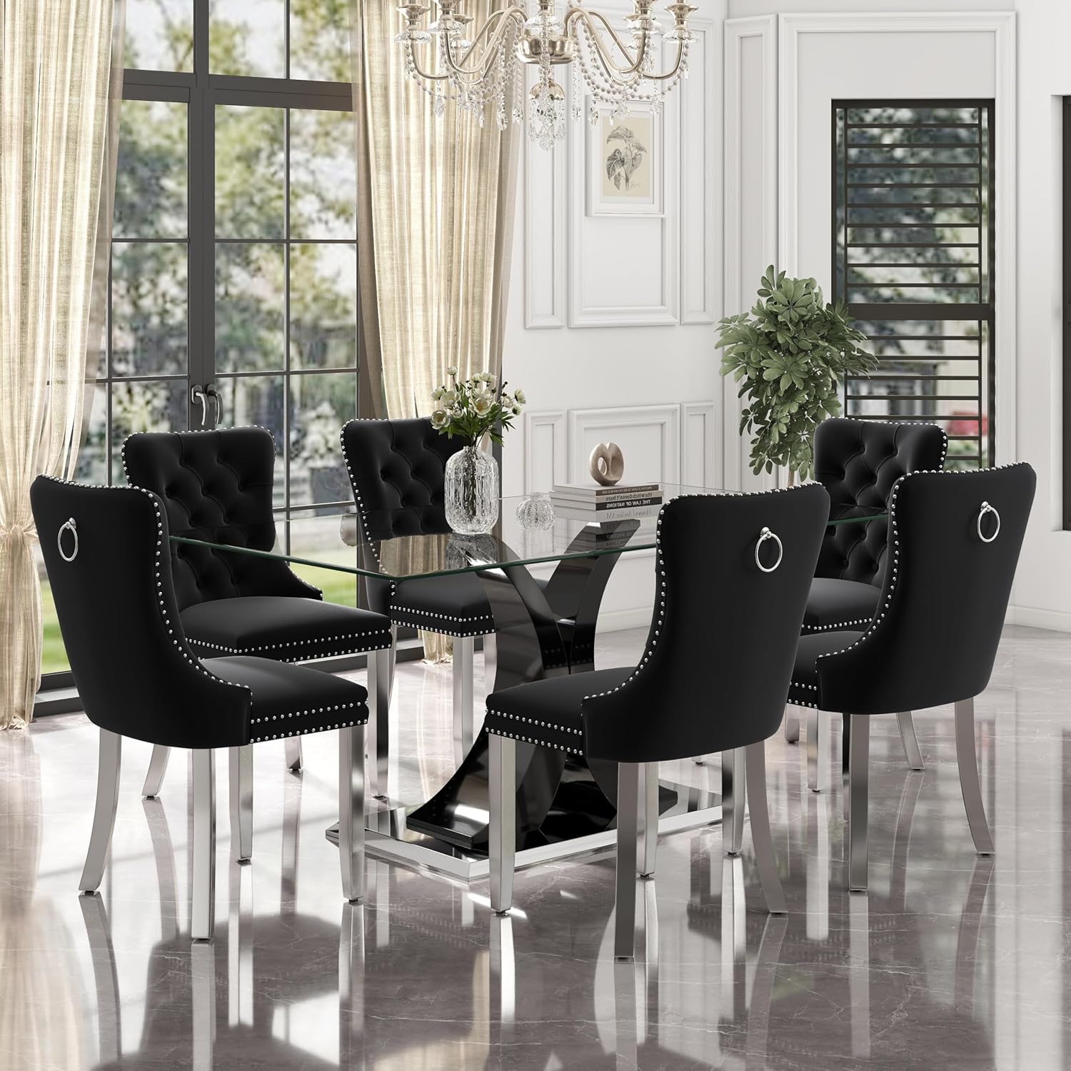 Modern Luxury Glass Dining Table for 4-6, 63'' Clear Minimalist Glass Top Kitchen Table, Large Apartment Rectangle Dinner Room Table with Black MDF & Silver Stainless Steel Base, for Home