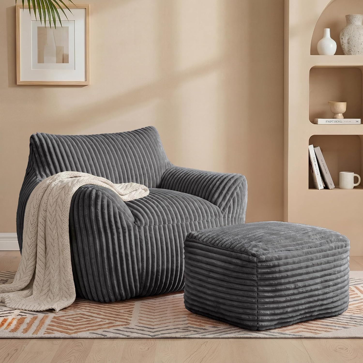 Giant Bean Bag Chair for Adults, Large Bean Bag with Ottoman | Cloud Comfy Bean Bag with Backrest & Armrests, Stuffed Beanbag Chair for Reading, Gaming, Napping, Gray