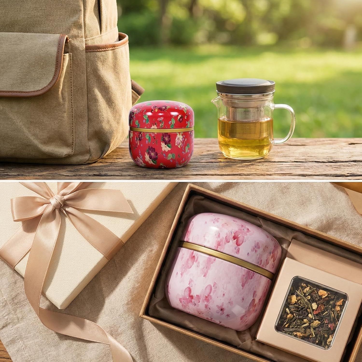 HAN SHENG 6Pcs Airtight Tea Storage Tins, Vintage Food Canister Set | 10 Oz, Floral Embossed Design, Loose Leaf Tea, Herbs, Coffee Spices Sugar, Kitchen Storage, Freshness Seal, Double Lids
