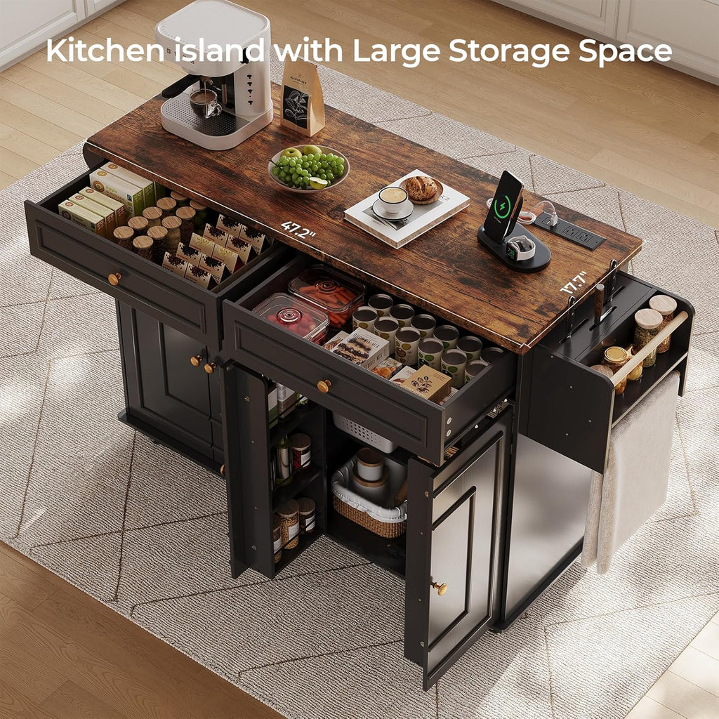 58 Inch Kitchen Island with Storage Cabinet, Island Table for Kitchen, Rolling Islands Cart with Power Outlet, Adjustable Shelves, Drawers, Spice and Towel & Knife Racks, Black