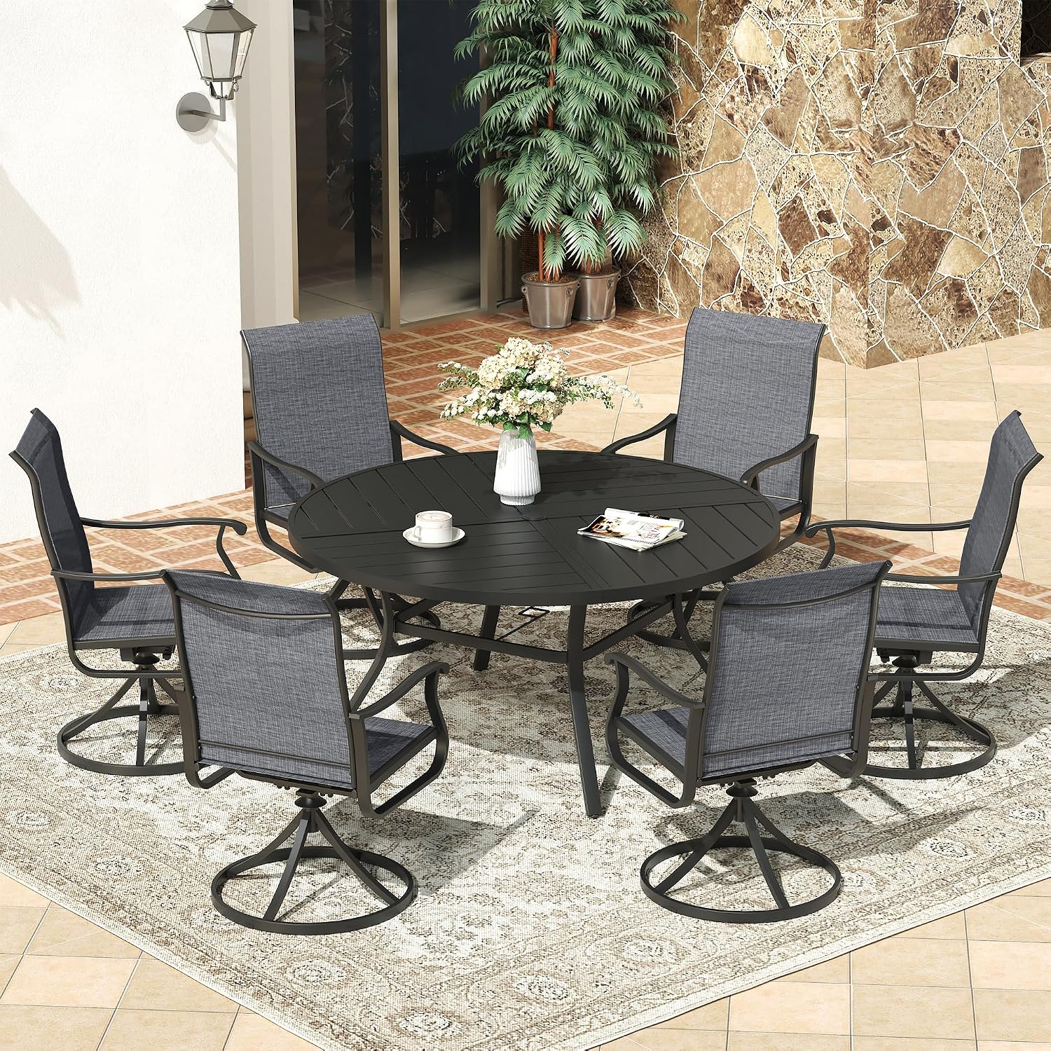 VICLLAX 53" Round Patio Dining Table for 6-8, All Weather Metal Outdoor Table with 1.57" Umbrella Hole and Surdy Frame for Garden Lawn Deck, Black