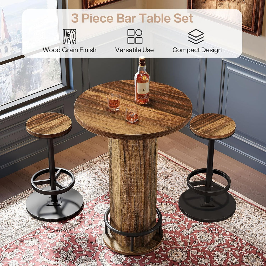 Tribesigns Round Bar Table with Chairs, Industrial Bistro Sets with 2 barstools, Pub Cocktail Table with Metal Ring Footrest for Kitchen Nook, Apartment, Small Space
