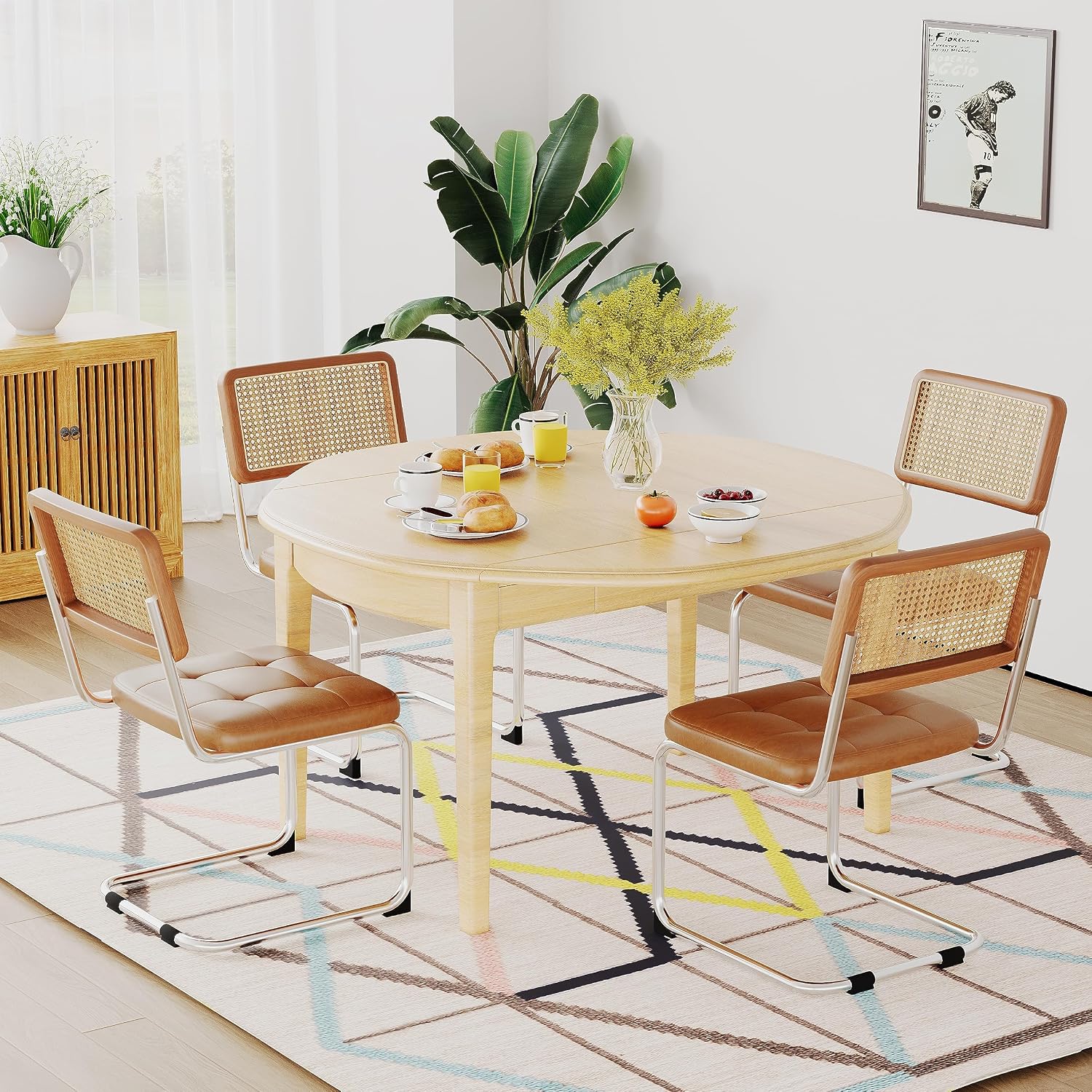 Rattan Dining Chairs Set of 2 Mid Century Modern Kitchen Chairs with Natural Rattan Backrest Oak Frame and Upholstered Pu Seat Chairs with Metal Legs