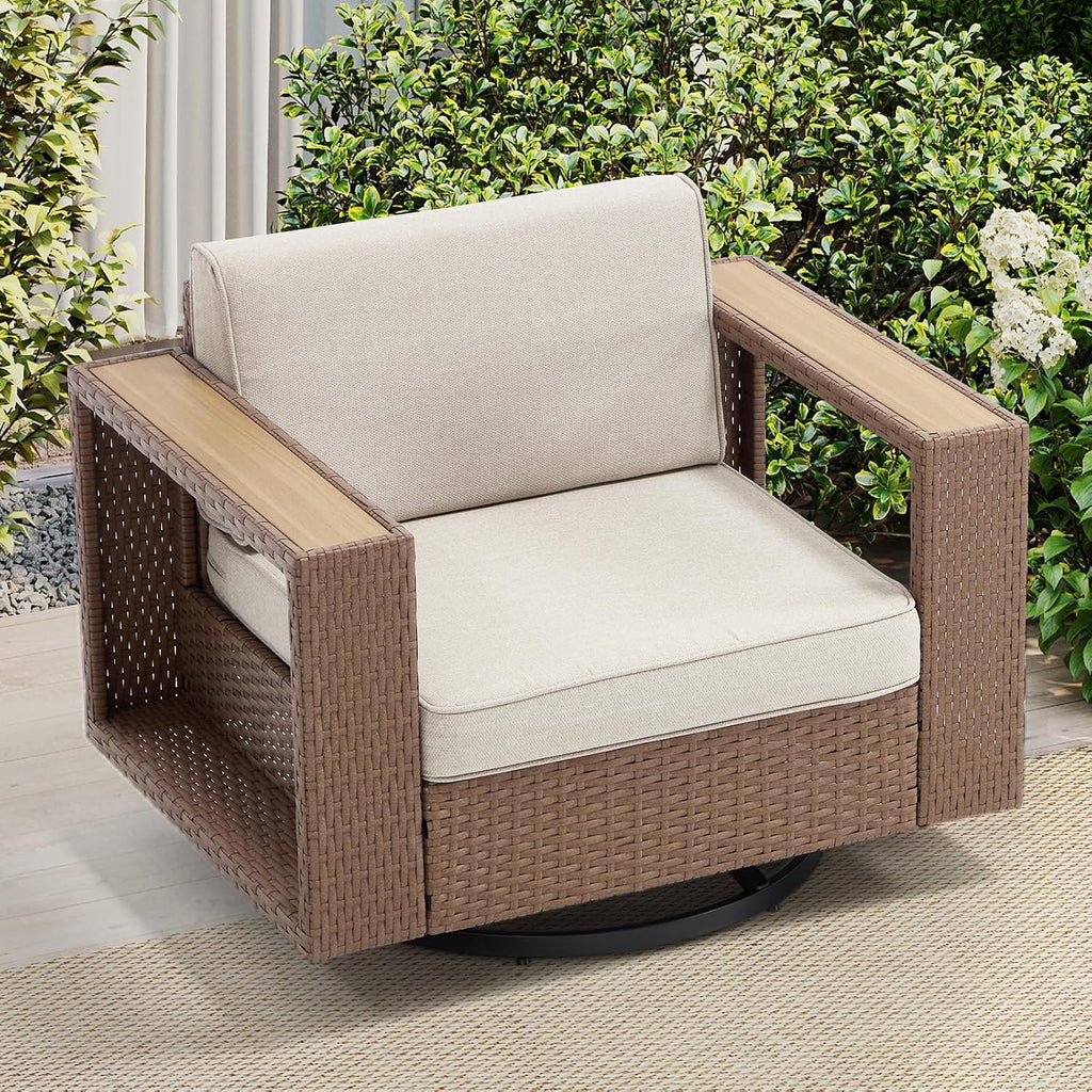 Bonzy Home Wicker Patio Chair, 360° Swivel Rattan Outdoor Patio Chairs with Extra-Thick Soft Cushions and Widened Armrest for Porch, Garden Poolside Balcony