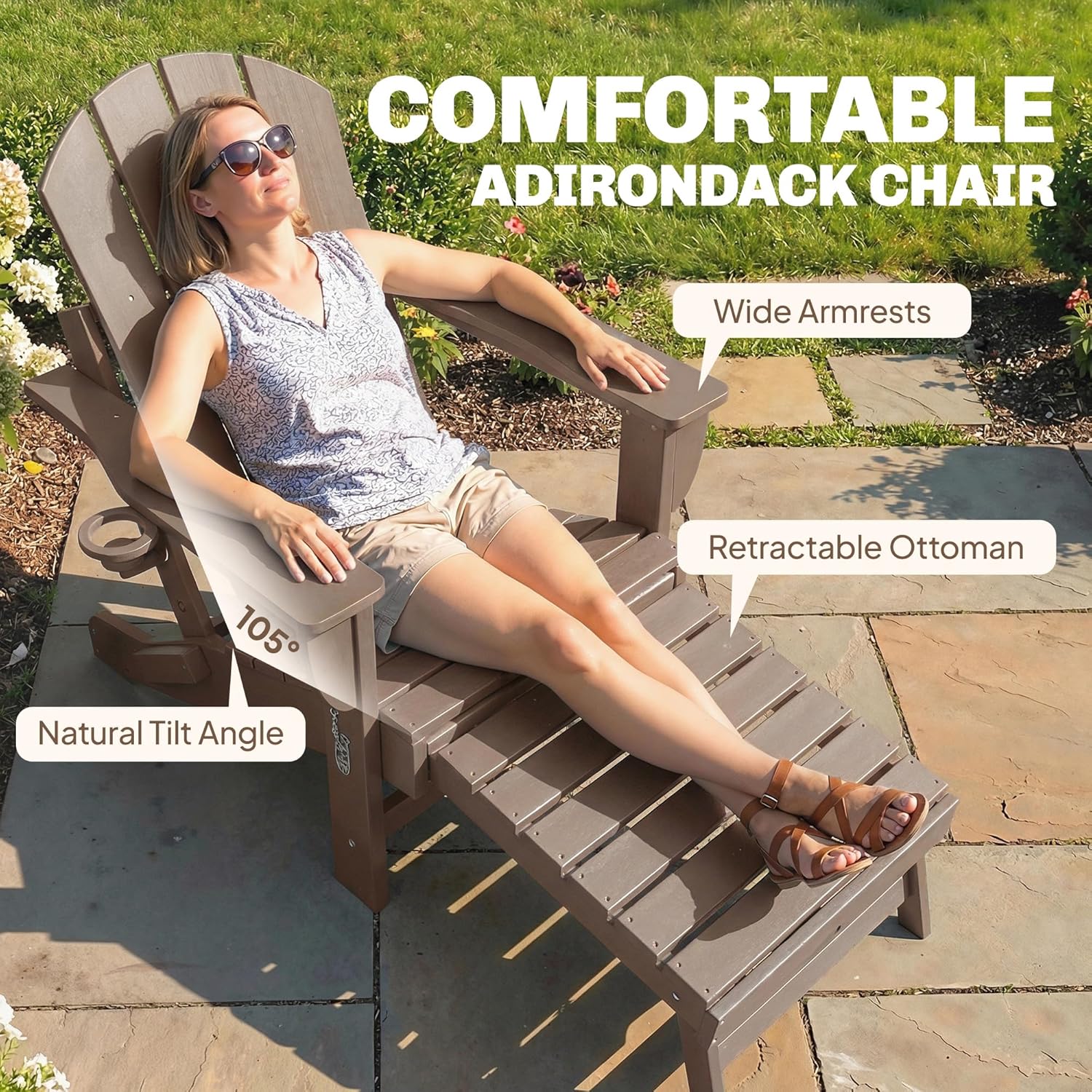Outsunny Folding Adirondack Chair Set of 2, Outdoor HDPE Fire Pit Chair with Retractable Ottoman, Cup Holder and Large Seat for Deck, Garden, Backyard, Brown