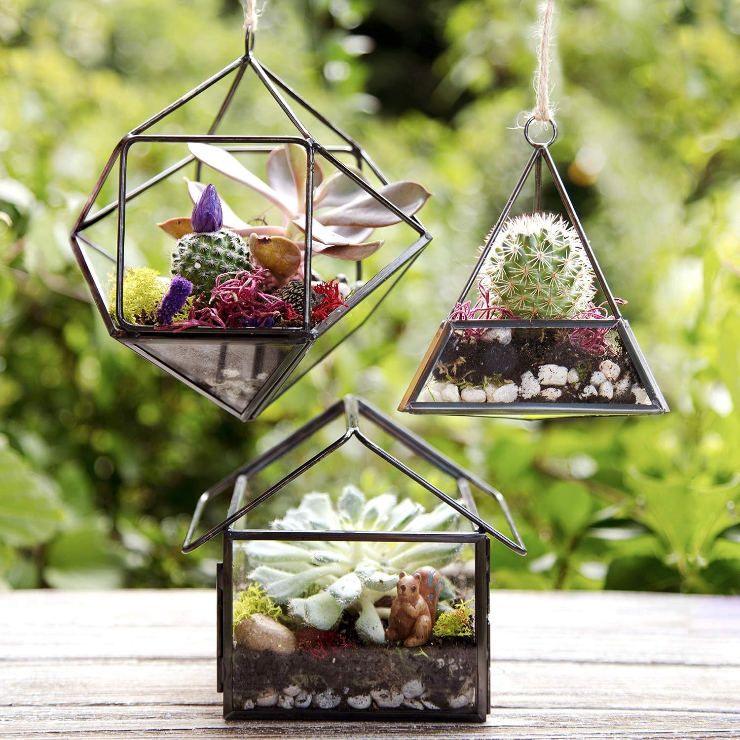 D'Eco Glass Mini Geometric Plant Terrariums 3 Pack - Triangle, House & Prism Planters for Spring Home Decor - Fill with Succulents, Cacti, Air Plants, Moss, Flowers for Plant Lovers