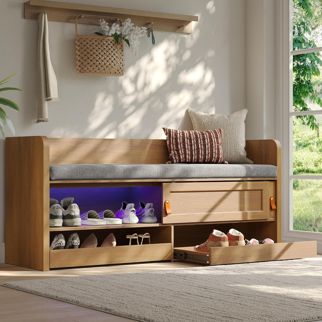 STO'SENSE Shoe Bench with UV Light, 2-Tiers Entryway Bench with Cushion, Sliding Doors & 2 Pop-Out Drawers for Bedroom, Closet, Living Room, Hallway