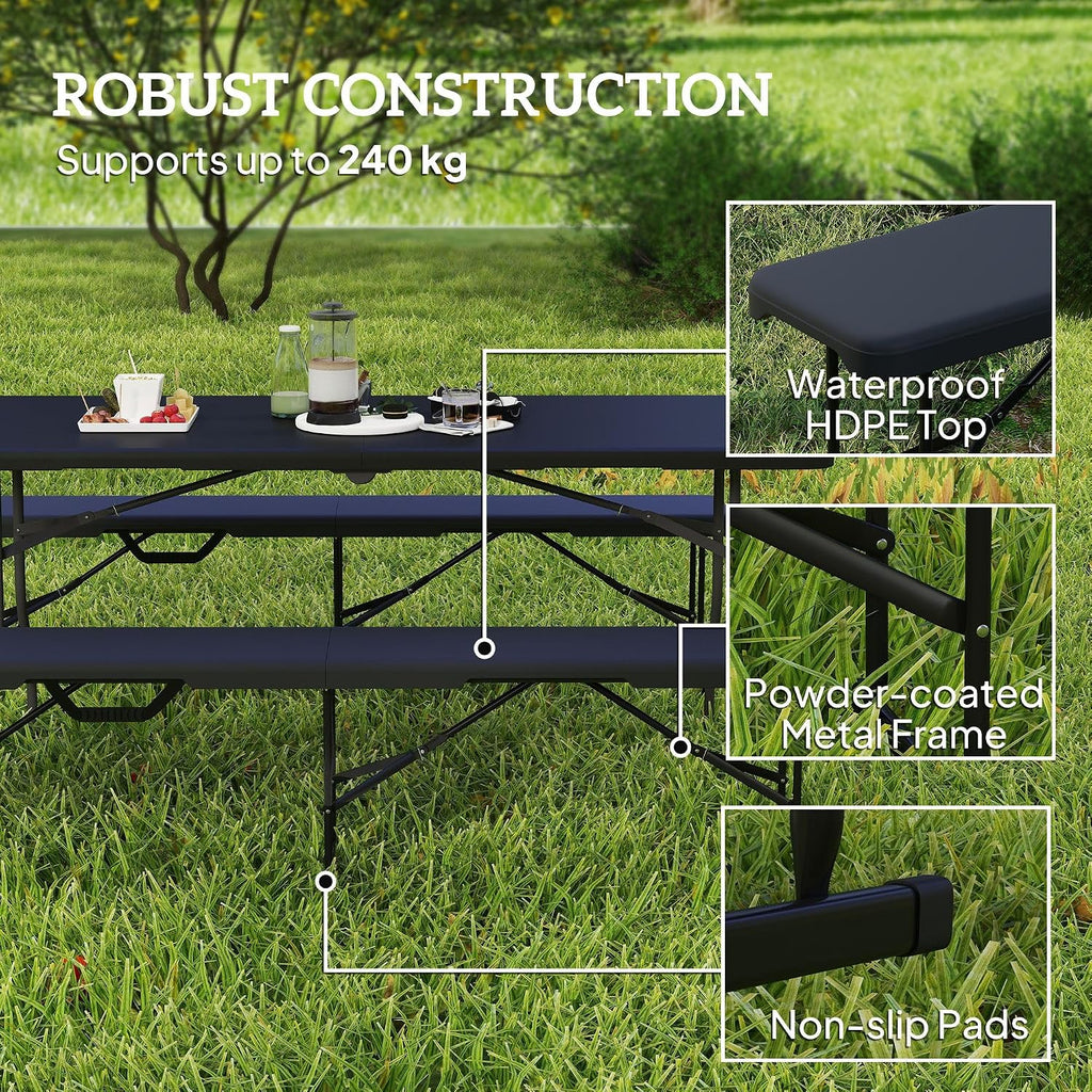 2X 6ft Camping Benches: HDPE Top, Metal FFor rame w/Lock, 529lb Cap, Non-Slip Feet, Carry Handle, Black — No Assembly