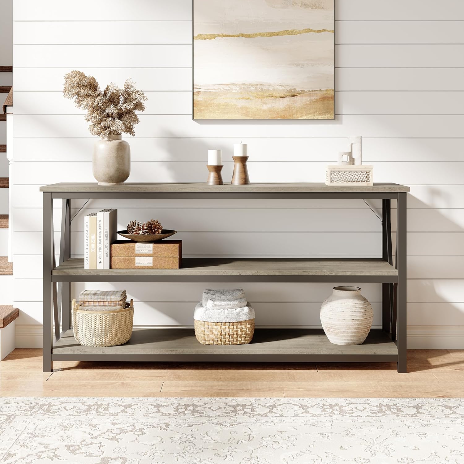 IDEALHOUSE Industrial Entryway Table, 47 in Narrow Long Console Table with Storage, 3 Tier Wood Console Table for Living Room, Farmhouse Sofa Tables Behind Couch, Hallway Table for Foyer-Grey