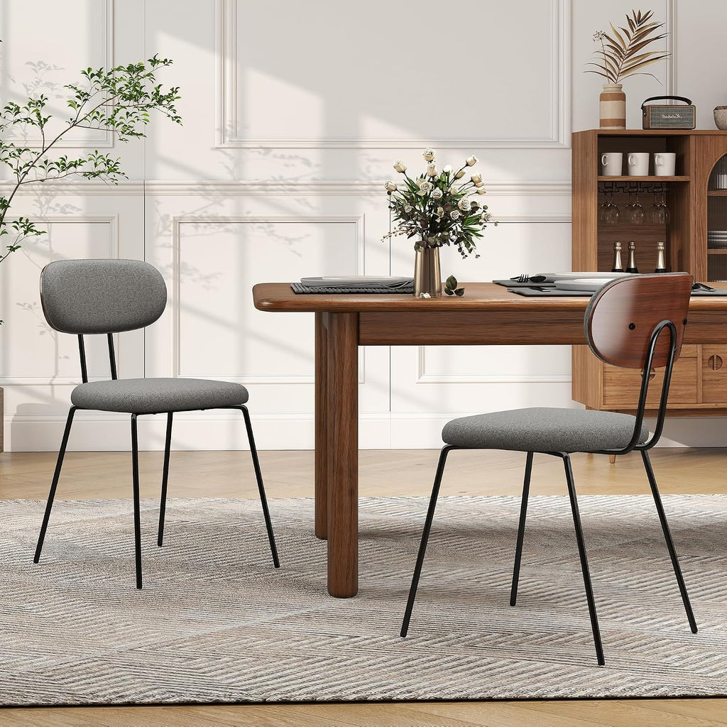 LSSPAID Dining Chairs Set of 2, Linen Fabric Upholstered Dining Room Chairs with Walnut Bentwood Back, Mid-Century Modern Kitchen Chairs with Adjustable Feet Pads, Grey