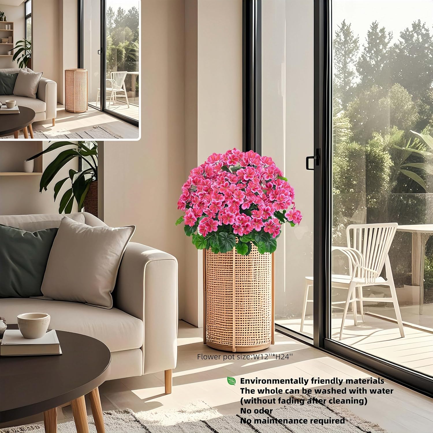 Artificial Geranium Bush – 20 Inch Outdoor Potted Artificial Plant for Front Porch, UV Resistant Faux Flower Bush for Garden, Yard & Patio Decor (2 Pack)