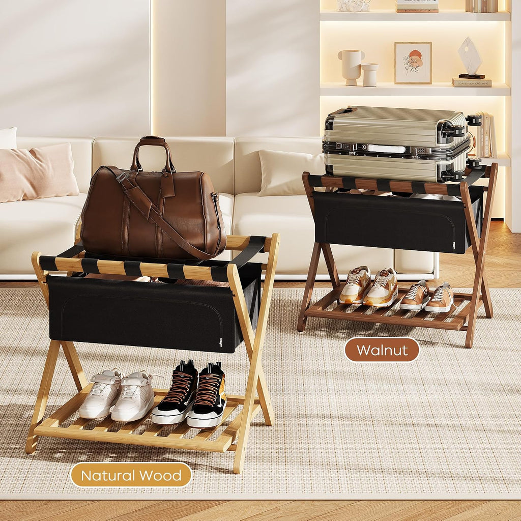 Full Assembled 26.77"L Luggage Rack for Guest Room, Set of 2 Foldable Suitcase Stand with 5 Nylon Straps & Cloth Bag, Luggage Stand Holder with Shoe Shelf for Suitcases Hotel (Natural Wood Bamboo)