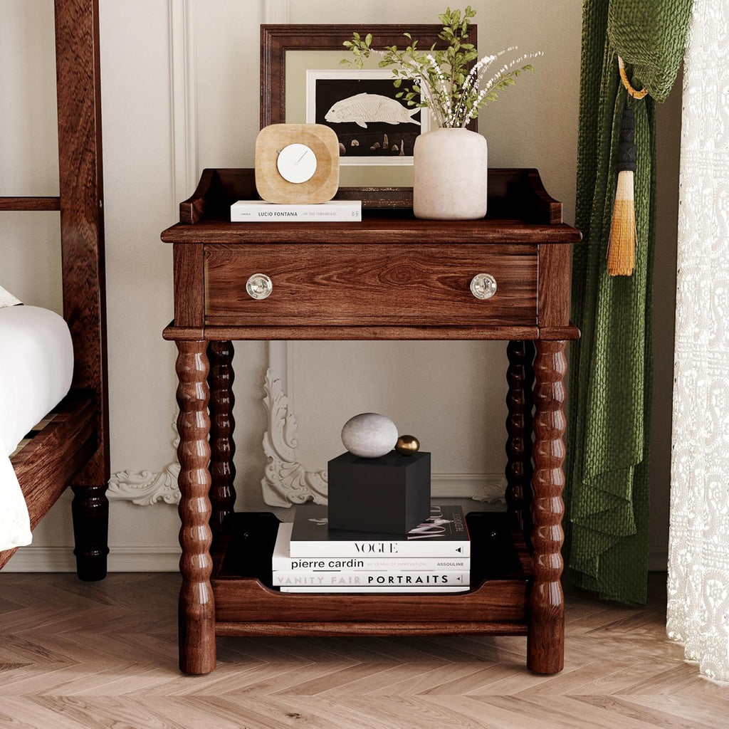Nightstand with Drawer and Open Shelf for Bedroom,Retro Style Bedside Table with Turned Legs and Metal Handle for Kitchen (Walnut)