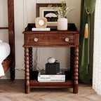 Nightstand with Drawer and Open Shelf for Bedroom,Retro Style Bedside Table with Turned Legs and Metal Handle for Kitchen (Walnut)