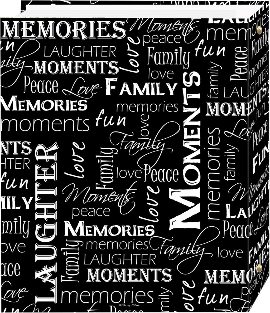 Magnetic Self-Stick 3-Ring Photo Album 100 Pages (50 Sheets), Black & White Words Design