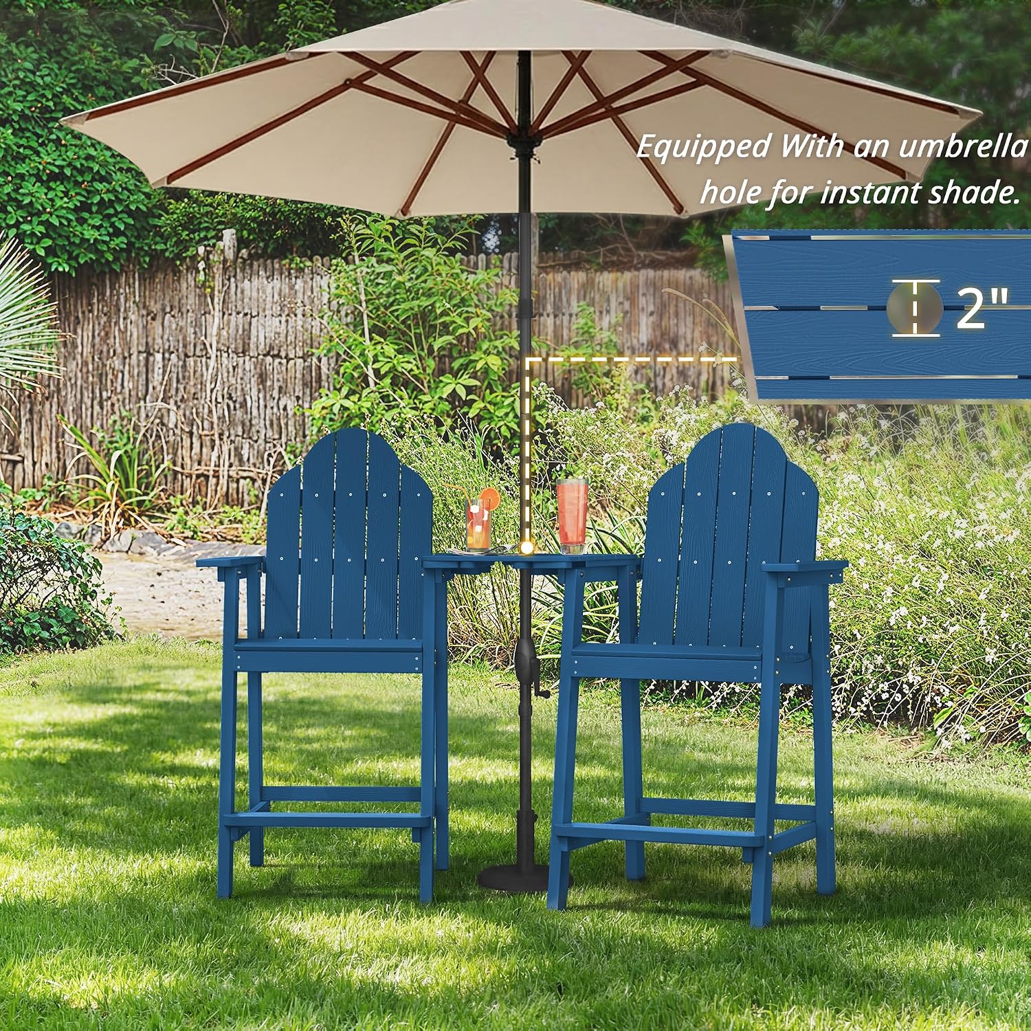 LUE BONA Tall Adirondack Chair Set of 2, All Weather HDPS Bar Height Chairs with Aluminum Legs, Detachable Table & Umbrella Hole for Patio, Deck, Backyard & Commercial Use Navy Blue