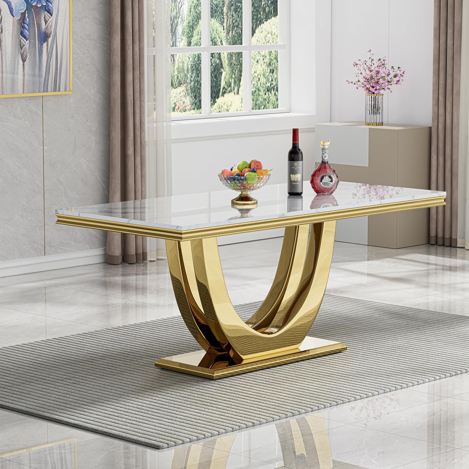Modern Marble Dining Table Set for 6, White Dining Set with 68" Faux Marble Dining Table and 6 Gray Upholstered Velvet Dining Chairs, 7 Piece Dining Table and Chairs Set for Kitchen