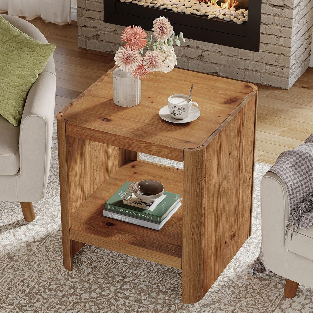 Solid Wood End Table, 2-Tier Small Side Table with Open Storage Shelf, Rustic Nightstand for Living Room, Bedroom, or Small Spaces, Easy Assembly (2, Natural Wood)