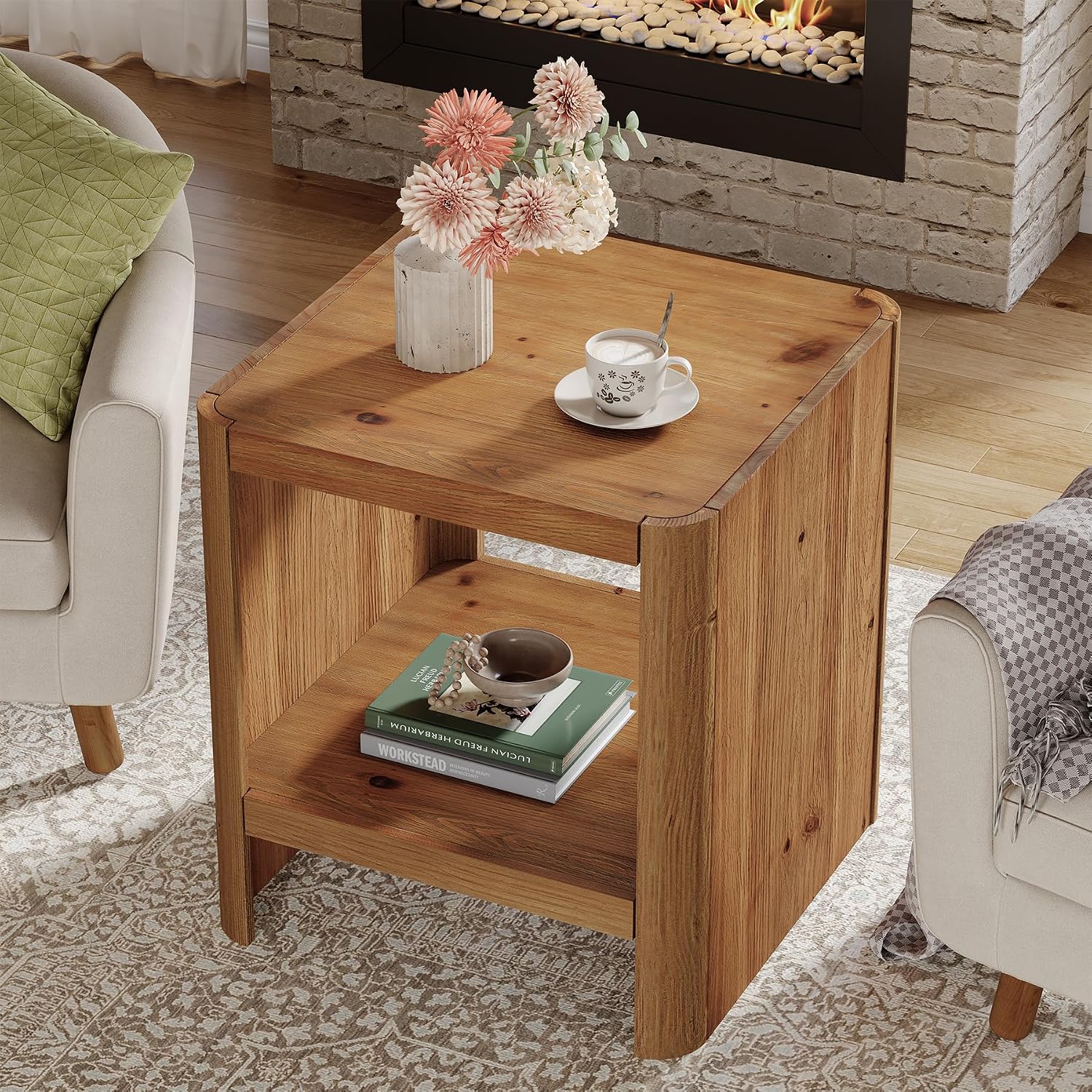 Solid Wood End Table, 2-Tier Small Side Table with Open Storage Shelf, Rustic Nightstand for Living Room, Bedroom, or Small Spaces, Easy Assembly (2, Natural Wood)