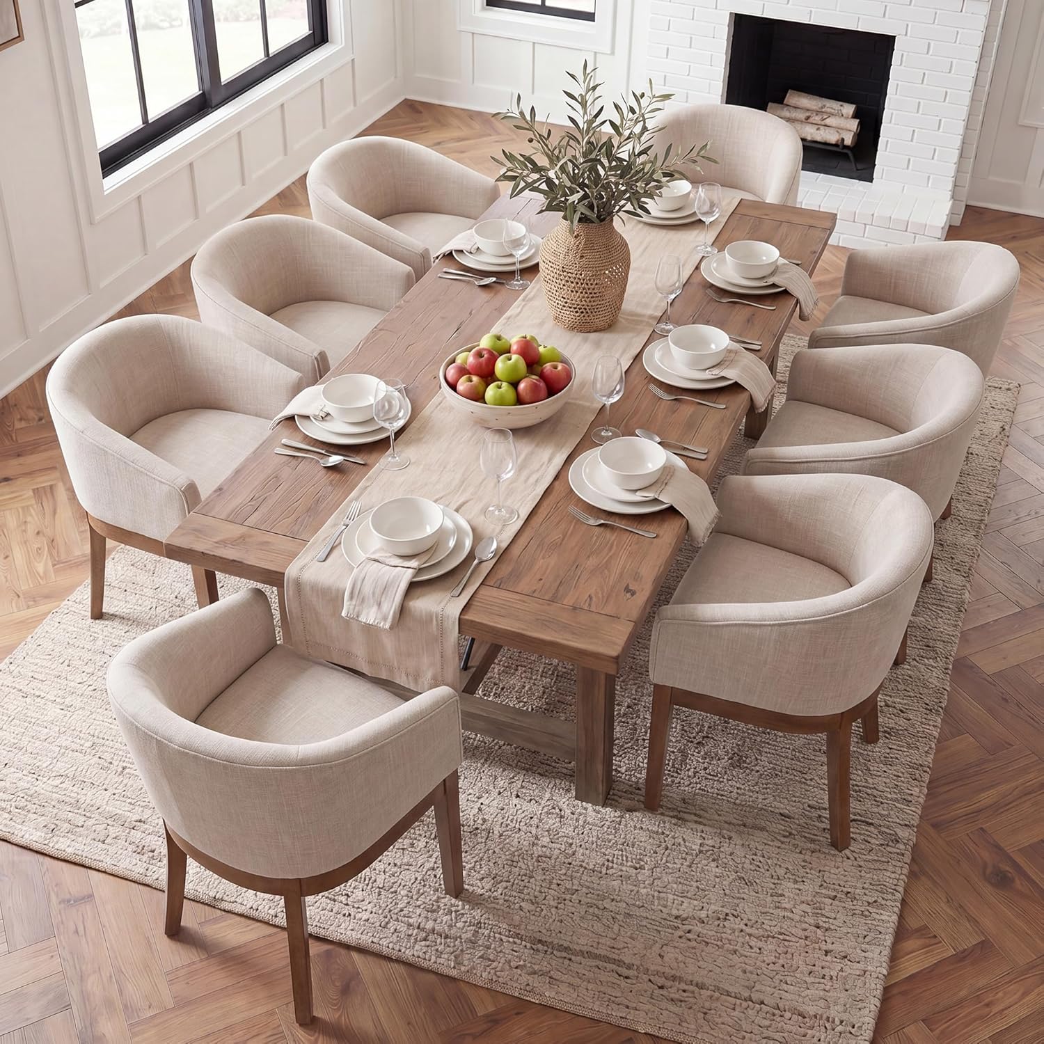 HNY Barrel Dining Chairs Set of 8, Mid Century Modern Upholstered Dining Chairs with Arms, Linen Kitchen & Dining Room Chairs, Solid Wood Frame Accent Chairs for Kitchen, Apartment, Beige