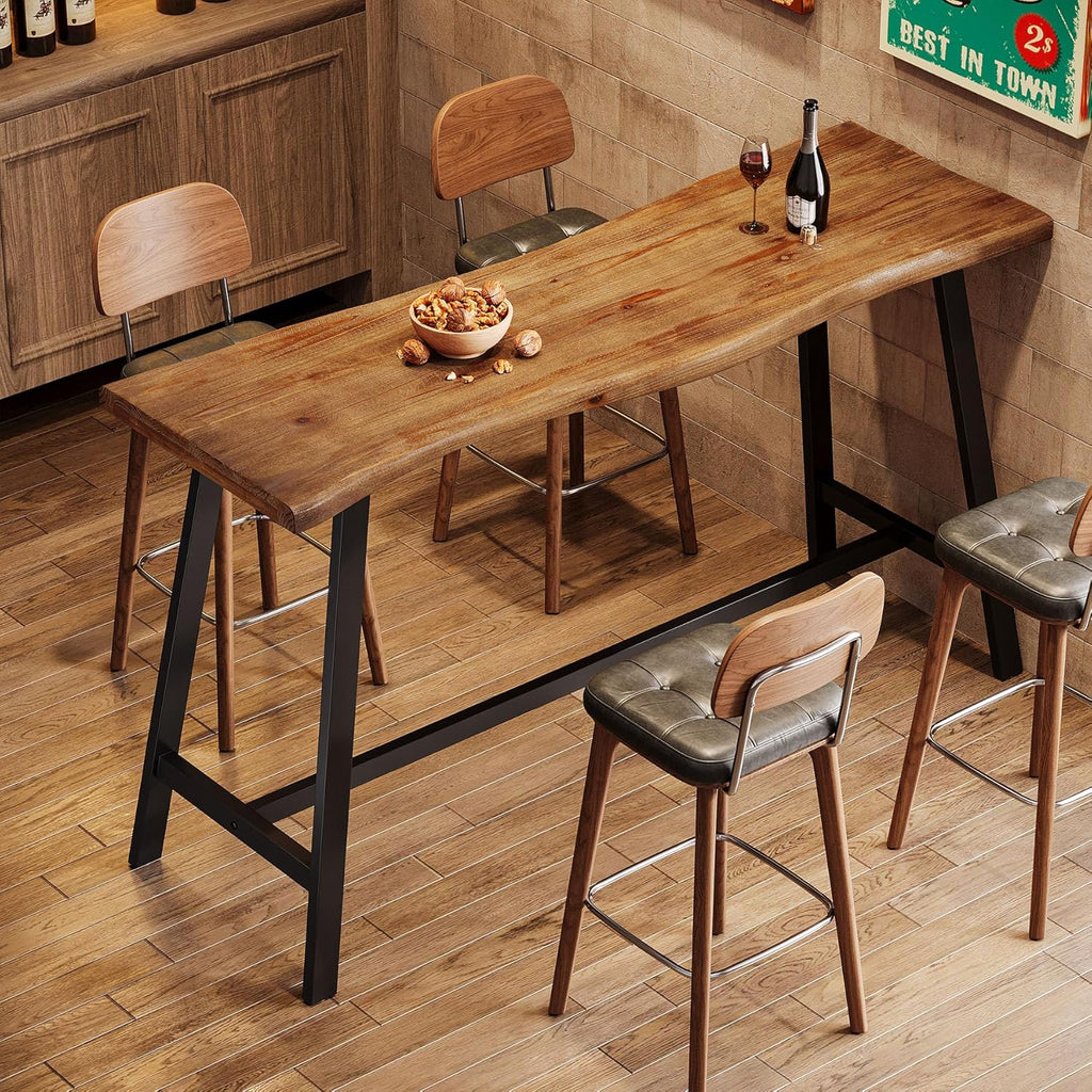 Solid Wood Bar Table, 55-Inch Counter Height Pub Table with Sturdy Metal Frame, Industrial Narrow Bar Table for Pub Kitchen Living Room, Rustic Brown