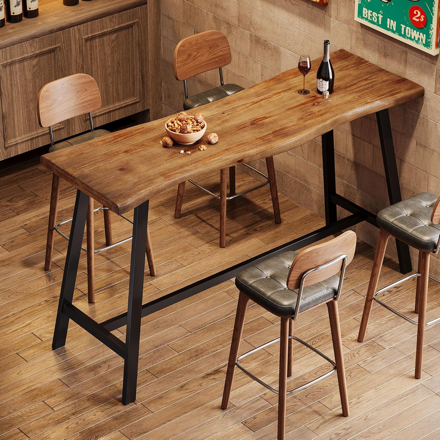 Solid Wood Bar Table, 55-Inch Counter Height Pub Table with Sturdy Metal Frame, Industrial Narrow Bar Table for Pub Kitchen Living Room, Rustic Brown