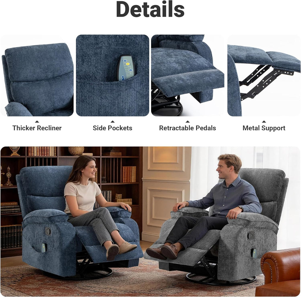 360° Swivel Rocking Recliner Chair, Massage Lazy Boy Recliner, Small Spaces Recliner for Living Room, Bedroom and Nursery, Navy Blue Chenille