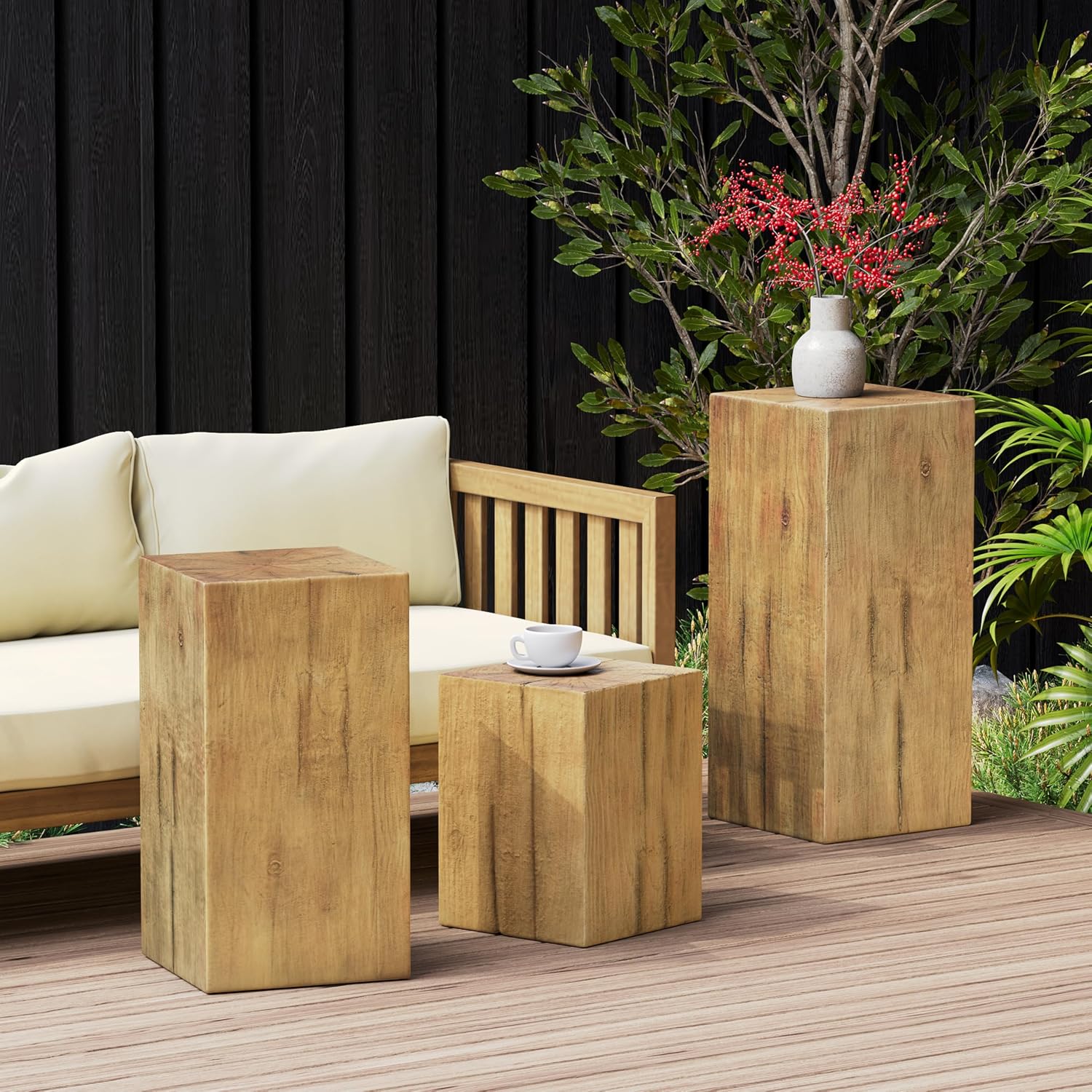 Retro Natural Style Side Table Set of 3,Stackable End Tables,Square-Column MGO Side Table for for Living Room,Bedroom,Office,Natural Color