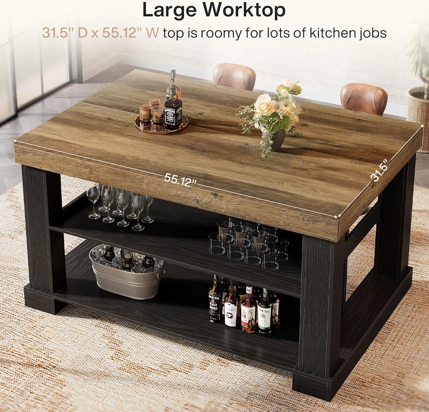 Tribesigns Bar Table, 55-Inch Counter Height Pub Table with Storage Shelves, High Top Kitchen Dining Table, Rectangle Wood Home Bar Unit for Dining Room, Bistro, Black and Brown