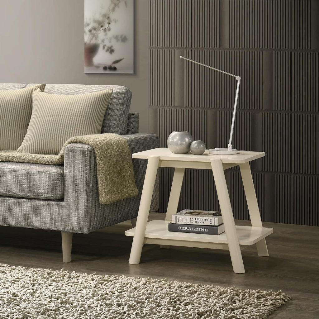 Roundhill Furniture Metz Mid-Century Modern Wood Shelf End Table, Off-White Finish