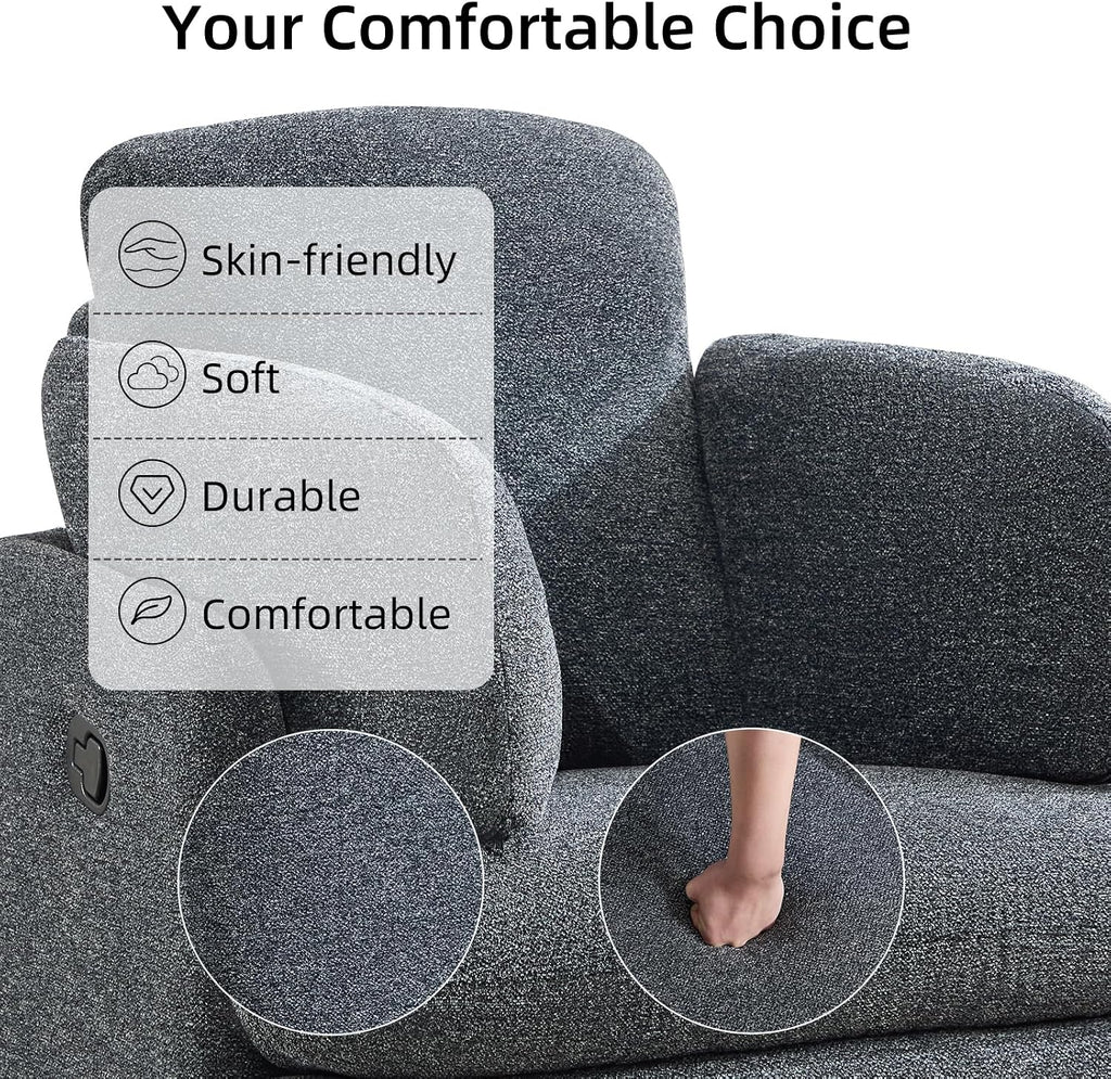 CANMOV Swivel Rocker Recliner, Manual Recliner Chair for Adults, Nursery Glider Rocking Chair with 2 Bolster Pillows and Hidden Storage, Dark Grey