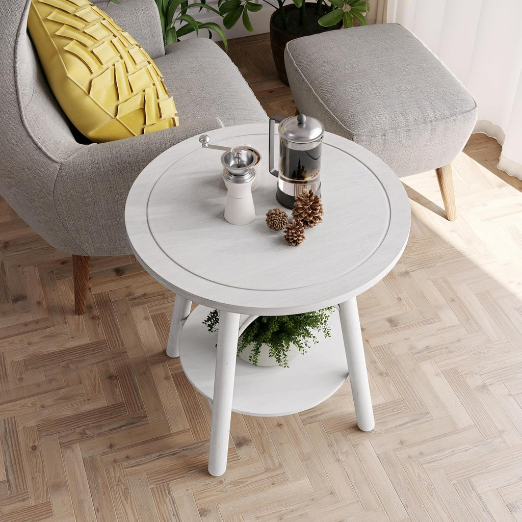Distressed Farmhouse End Table with Shelf, Modern Round Side Table for Bedroom, White