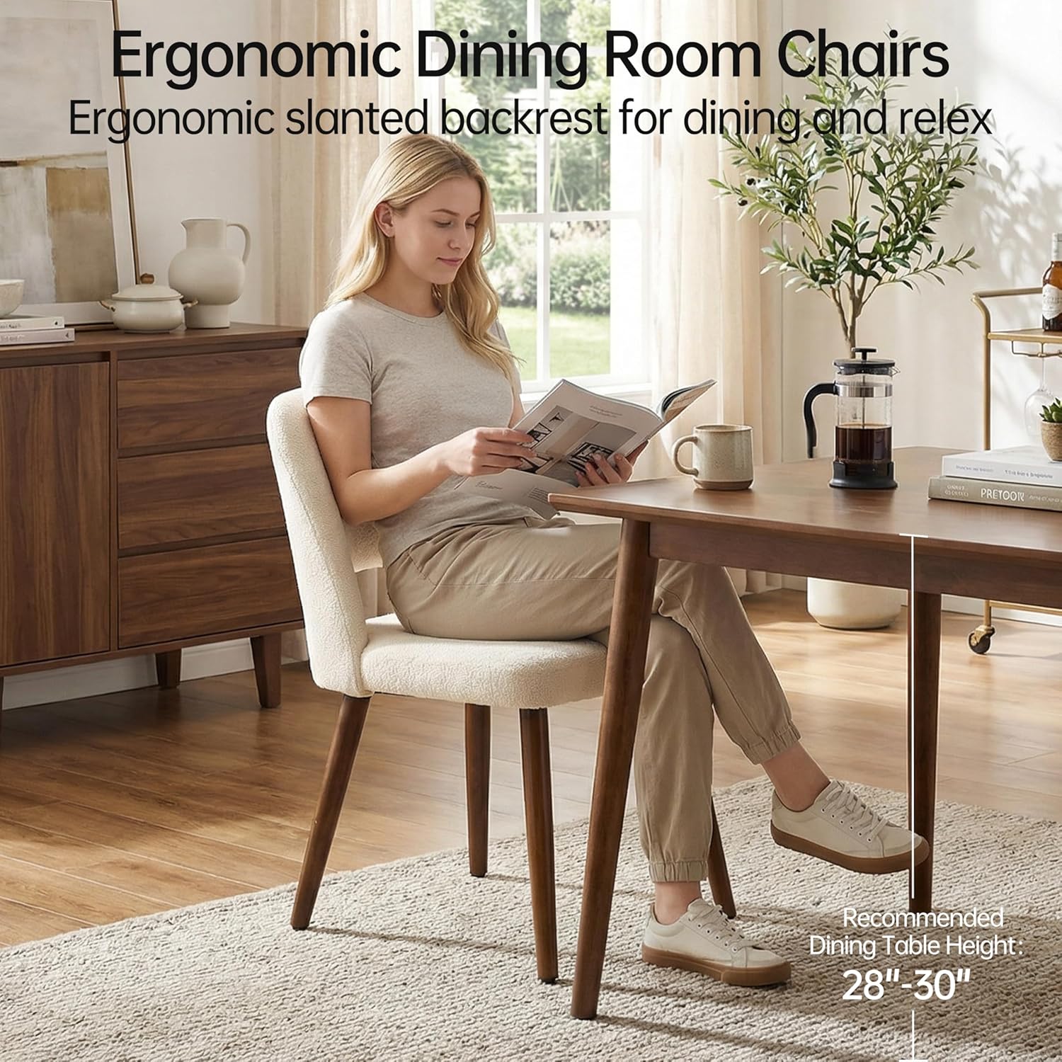 Usaint Wooden Dining Chairs Set of 2, 19.3" Modern Fabric Upholstered Dining Room Chair with Ergonomic Curved Backrest for Kitchen Dining Room and Restaurant, Beige