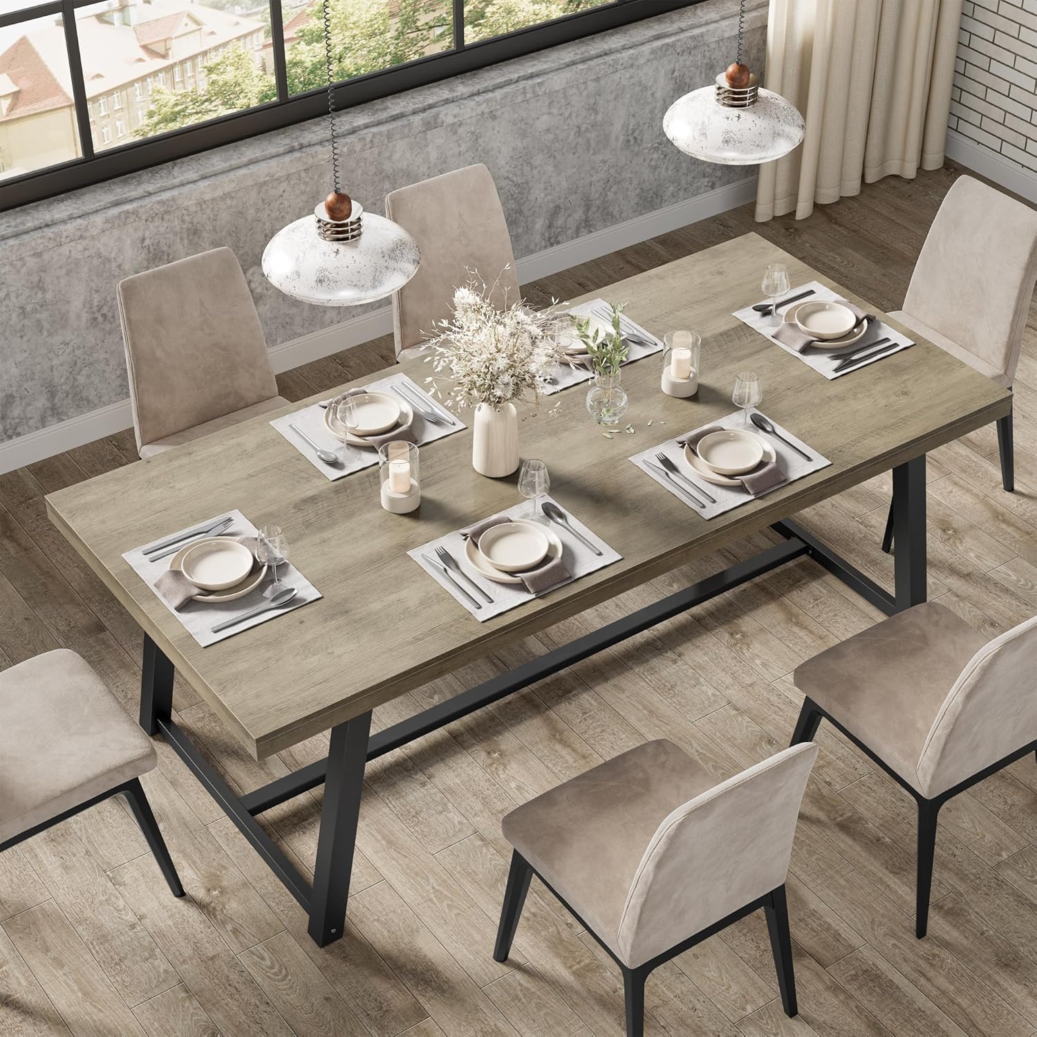 IRONCK 71" Dining Table for 6-8 People, Industrial Kitchen Table with Sturdy Metal Frame, Rectangular Grey Wood Dinner Table for Dining Room