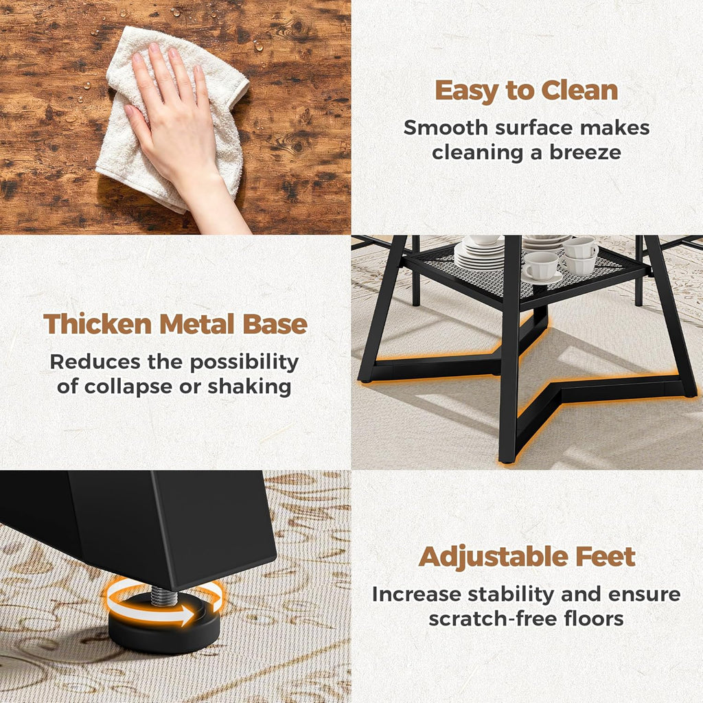 IRONCK Round Dining Table Set for 4, 47.2'' Kitchen Table with 4 PU Leather Upholstered Chairs, Dining Room Table Set with Large Storage Shelf, 5 Piece Kitchen Table and Chairs, Rustic Brown